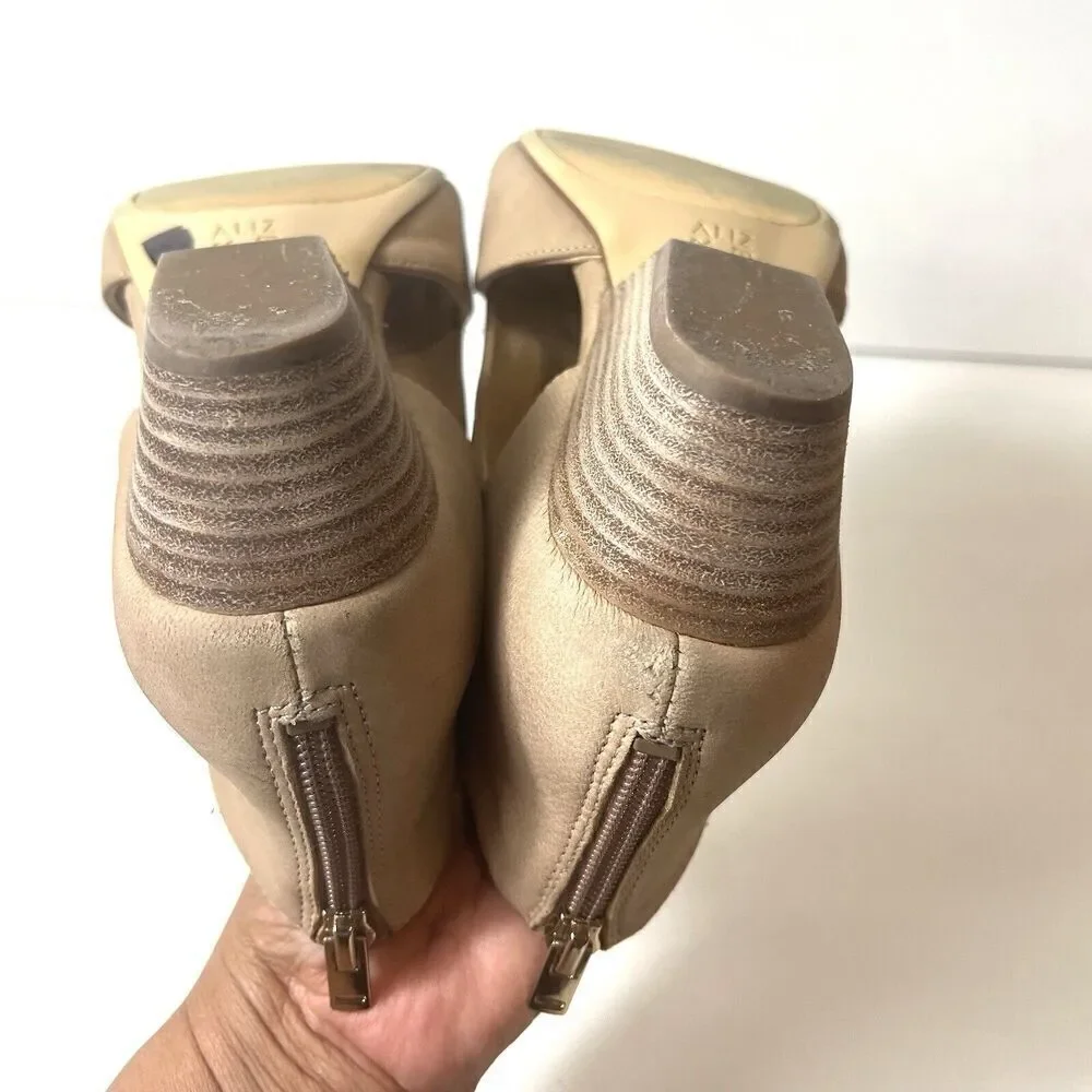 Naturalizer Womens 7.5M Wedge Wood Heel Zip Up Wrap Bootie Beige Nubuck Peep Toe